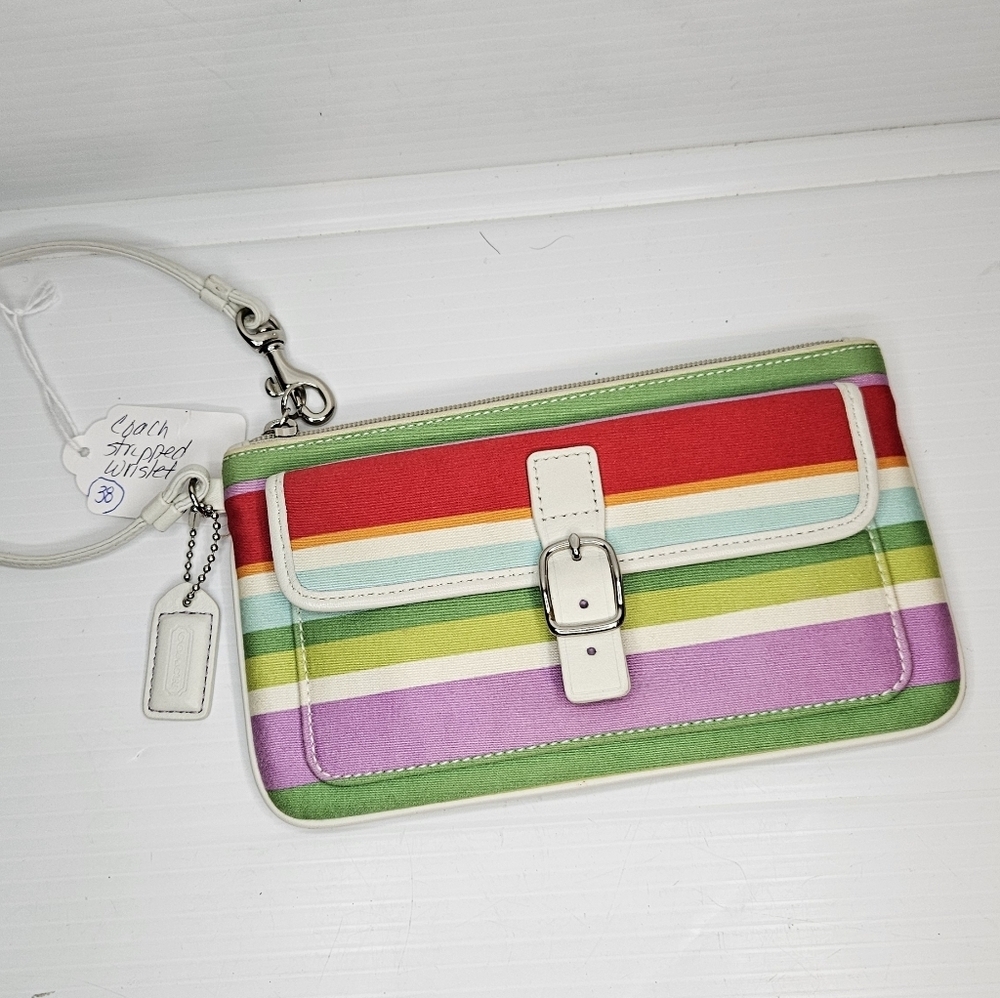 Vintage Y2K Coach Hampton Multicolor Striped Large Wristlet Clutch Bag  .